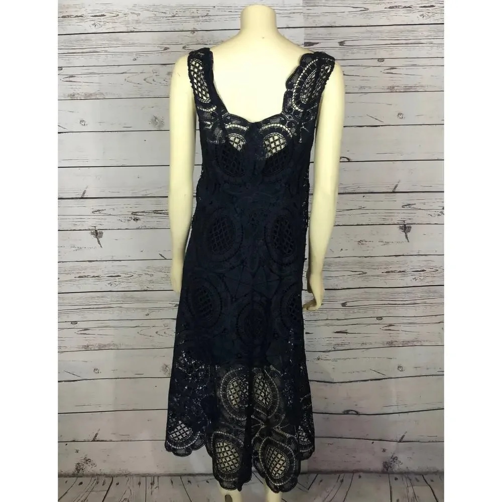 Tracy Reese Navy Surplice sleevless scalloped Lace Embroidered Dress size 4